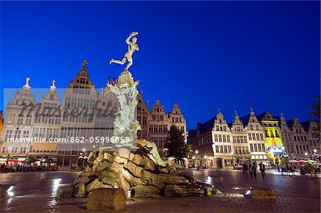 Europe, Belgium, Flanders, Antwerp, baroque Brabo fountain, 1887 by Jef Lambeaux, Grote Markt night time illumination