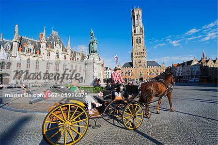 Europe, Belgium, Flanders, Bruges, post office and Belfort; belfry tower in market square, old town, Unesco World Heritage Site