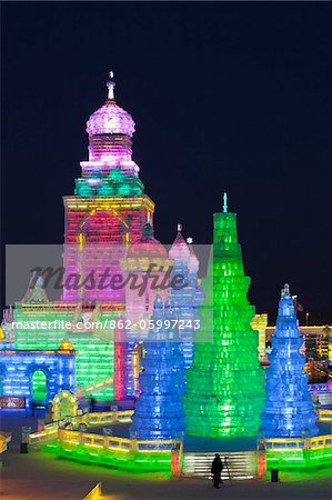 China, Heilongjiang Province, Harbin. Ice sculptures at the Harbin Ice and Snow Festival.