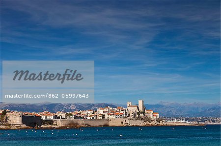 Antibes, Provence-Alpes-Cote d'Azur, France. View of the old town of Antibes with the tower of the Picasso Museum