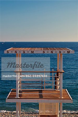 Nice,Provence-Alpes-Cote d'Azur, France. Life guard tower on Nice beach looking out towards the Mediterranean Sea