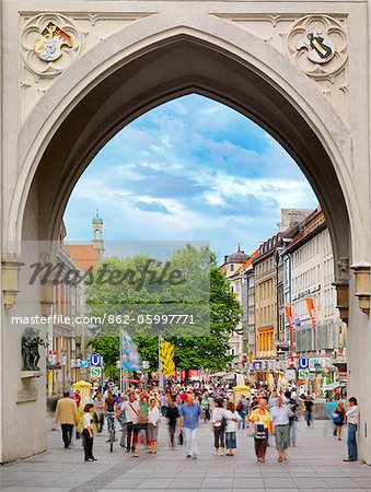 Germany, Bavaria; Munich; Karlsplatz arch; pedestrian area