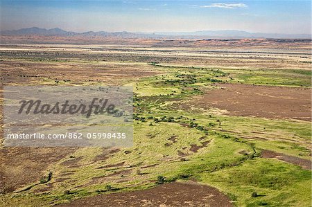 The green vegetation of the highly alkaline Suguta River which meanders through the low-lying, inhospitable Suguta Valley.