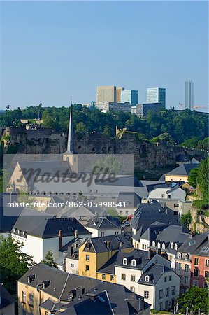 Europe; The Grand Duchy of Luxembourg, Luxembourg city, Unesco World Heritage site, old town, modern architecture of the EU district on Kirchberg Plateau and old town fortifications