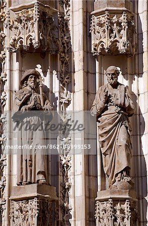 Spain, Andalusia, Seville; Detail of Statues on the door of the main Cathedral