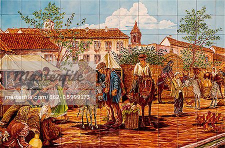 Spain, Andalusia, Seville; Mural with a traditional scene painted on tiles
