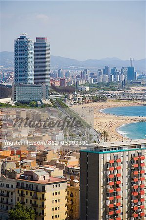 Panoramique de Barcelone depuis Sant Sebastia tour à Barceloneta, Barcelone, Catalogne, Espagne