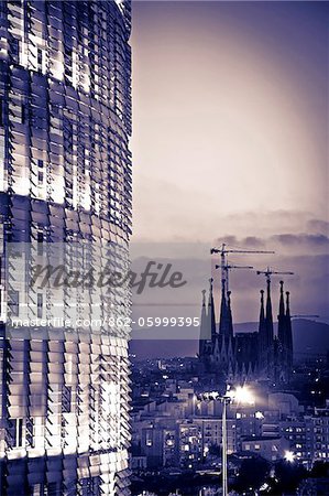 Panoramic of Barcelona, with the Agbar Tower and Sagrada Familia Church, Barcelona, Spain