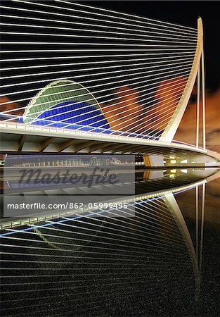 Europe, Spain, Valencia, A reflection shot of L'Assut de l'Or Bridge and Agora.