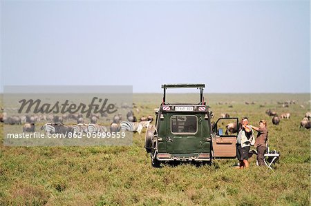 Véhicule de Safari stationné dans les plaines d'herbe courte du Serengeti au cours de la migration de wildbeest, Parc National du Serengeti en Tanzanie.