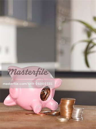 Piggy bank with coins on table