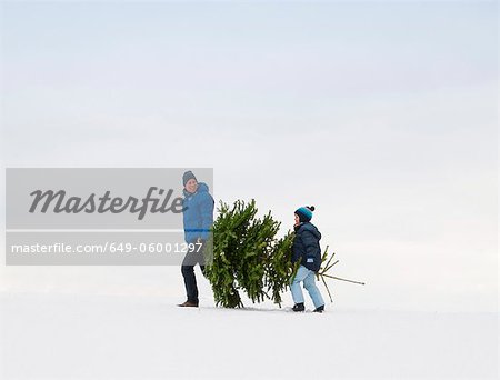 Père et fils transportant l'arbre de Noël