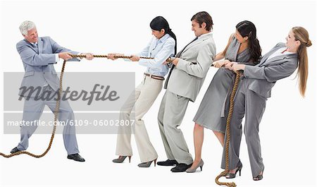 Boss pulling a rope against his employees with white background