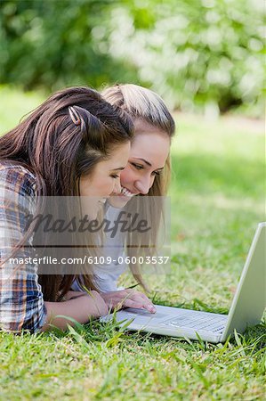 Side view of young women using a laptop while lying on the grass in a parkland