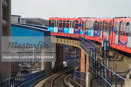 Docklands Light Railway train en route to Canary Wharf (from the east), London E14