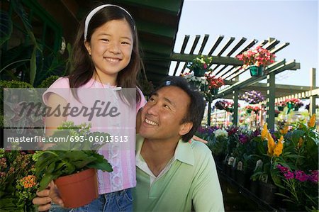 Father and Daughter in plant nursery, portrait, close up