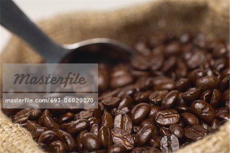 Sack of coffee beans with spoon, close-up