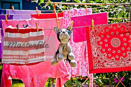 Laundry and stuffed dog hanging on outdoor lines