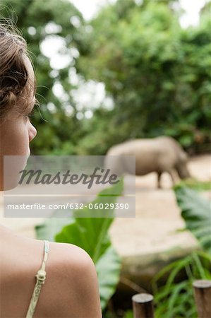 Girl watching animal at zoo, rear view