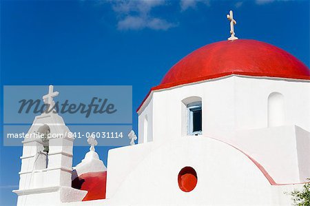 Red domed church in Mykonos Town, Island of Mykonos, Cyclades, Greek Islands, Greece, Europe