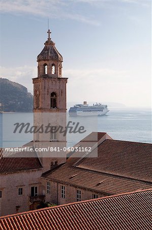 The tower of Dominican Monastery with cruise ship, from Dubrovnik Old Town walls, Dubrovnik, Croatia, Europe