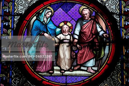Holy Family stained glass in Sainte Clotilde church, Paris, France, Europe Holy Family stained glass in Sainte Clotilde church, Paris, France, Europe
