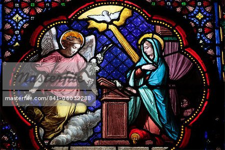 Annunciation of Mary stained glass in Sainte Clotilde church, Paris, France, Europe