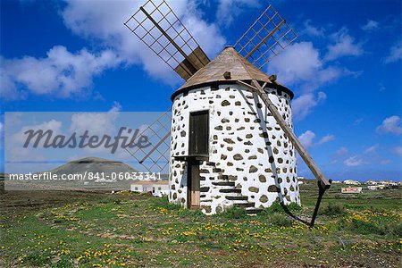 Windmill set in volcanic landscape, Villaverde, Fuerteventura, Canary Islands, Spain, Europe
