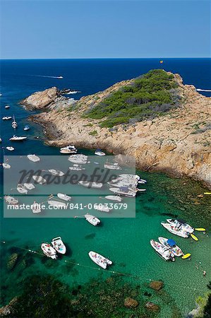 Cove filled with pleasure boats, Sa Tuna, near Begur, Costa Brava, Catalonia, Spain, Mediterranean, Europe