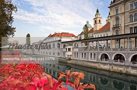 Halles de Riverside et la cathédrale Saint-Nicolas sur la rivière Ljubljanica, Ljubljana, Slovénie, Europe