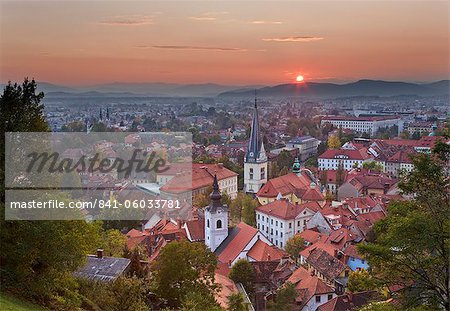 Sunset over the city of Ljubljana, Slovenia, Europe