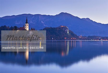 Blejski Otok Island on Lake Bled at dawn in autumn, Gorenjska, Slovenia, Europe