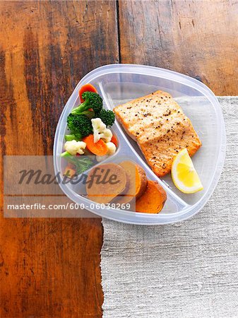 Plastic Reuseable Container with Salmon and Vegetables