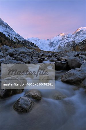 View from Val Morteratsch to Morteratsch Glacier, Piz Morteratsch, Piz Bernina, Engadin, St Moritz, Graubunden, Switzerland