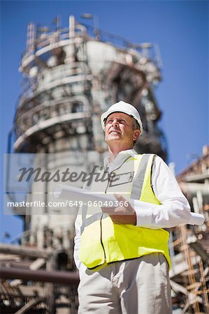 Worker with blueprints at oil refinery