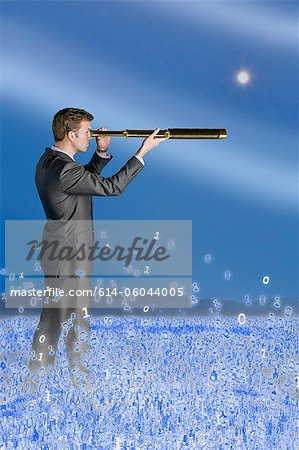 Businessman looking through telescope in binary field