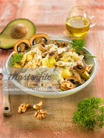 Pasta with mushrooms,avocado,walnuts and poppy seeds