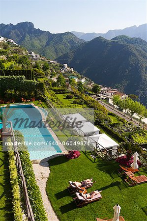 Italy, Ravello, Terrace with outdoor pool on hill