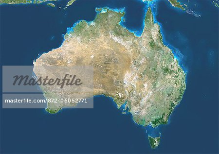 Australie, Image Satellite de la couleur vraie. Australie, image satellite couleur vraie. Cette image a été compilée à partir de données acquises par les satellites LANDSAT 5 & 7.