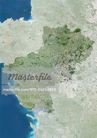 Pays région De La Loire, en France, True Image Satellite en couleurs avec masque. Pays région de la Loire, France, image satellite couleur vraie avec masque. Cette image a été compilée à partir de données acquises par les satellites LANDSAT 5 & 7.