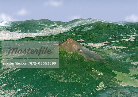 Mount Fuji en 3D, Japon, couleur vraie Image-Satellite. Mont Fuji (Japon), véritable satellite image couleur. Vue satellite 3D de Mont Fuji ou Fuji Yama (3 776 m), le plus haut point du Japon, situé au sud-ouest de Tokyo. Image à l'aide de données LANDSAT.