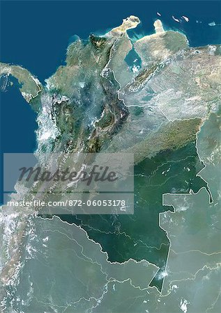 Colombie, Amérique du Sud, True Image-Satellite couleur avec bordure et masque. Vue satellite de la Colombie (avec bordure et masque). Cette image a été compilée à partir de données acquises par les satellites LANDSAT 5 & 7.