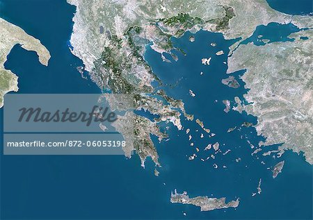 Grèce, Europe, True Image-Satellite couleur avec bordure et masque. Vue satellite de la Grèce (avec bordure et masque). Cette image a été compilée à partir de données acquises par les satellites LANDSAT 5 & 7.