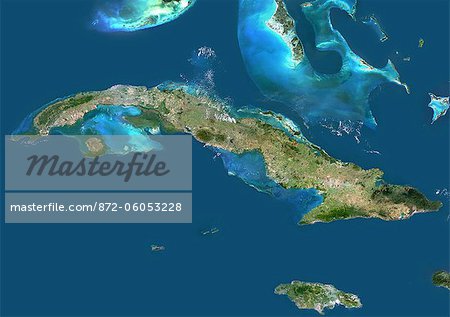 Cuba et les îles Caïmans, Caraïbes, véritable Image Satellite en couleurs. Vue satellite de Cuba et les îles Caïmans. Cette image a été compilée à partir de données acquises par les satellites LANDSAT 5 & 7.