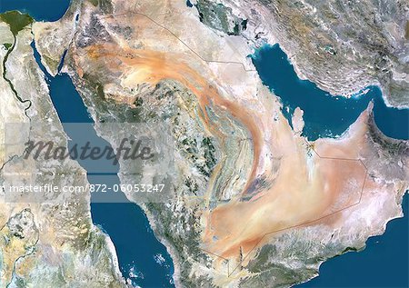 Saudi Arabia, Middle East, True Colour Satellite Image With Border. Satellite view of Saudi Arabia (with border). This image was compiled from data acquired by LANDSAT 5 & 7 satellites.