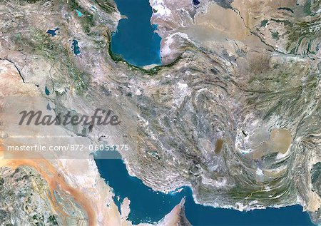 Iran, Middle East, Asia, True Colour Satellite Image With Border. Satellite view of Iran (with border). This image was compiled from data acquired by LANDSAT 5 & 7 satellites.