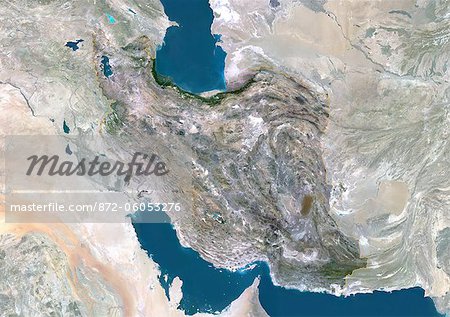 Iran, Moyen-Orient, Asie, True Image Satellite couleur avec bordure et masque. Vue satellite de l'Iran (avec bordure et masque). Cette image a été compilée à partir de données acquises par les satellites LANDSAT 5 & 7.