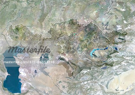 Kazakhstan, Asie, True Image-Satellite couleur avec bordure et masque. Vue satellite du Kazakhstan (avec bordure et masque). Cette image a été compilée à partir de données acquises par les satellites LANDSAT 5 & 7.