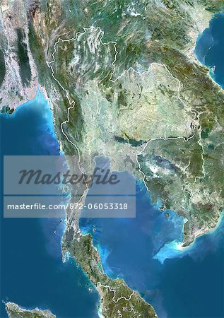 Thaïlande, Asie, véritable couleur Image Satellite avec bordure. Vue satellite de la Thaïlande (avec bordure). Cette image a été compilée à partir de données acquises par les satellites LANDSAT 5 & 7.