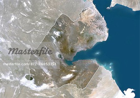 Djibouti, Africa, True Colour Satellite Image With Border And Mask. Satellite view of Djibouti (with border and mask). This image was compiled from data acquired by LANDSAT 5 & 7 satellites.
